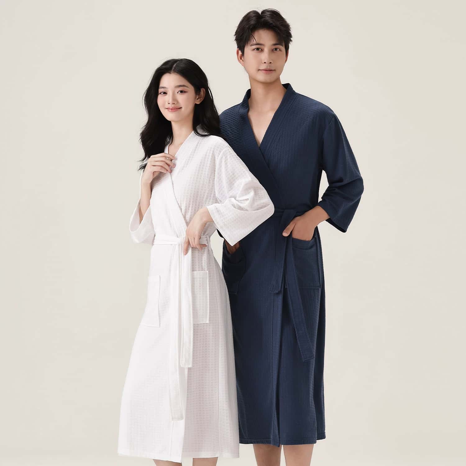 Smart Knee Wrap - 미니멀리스트 와플 목욕 가운 유니섹스 V넥